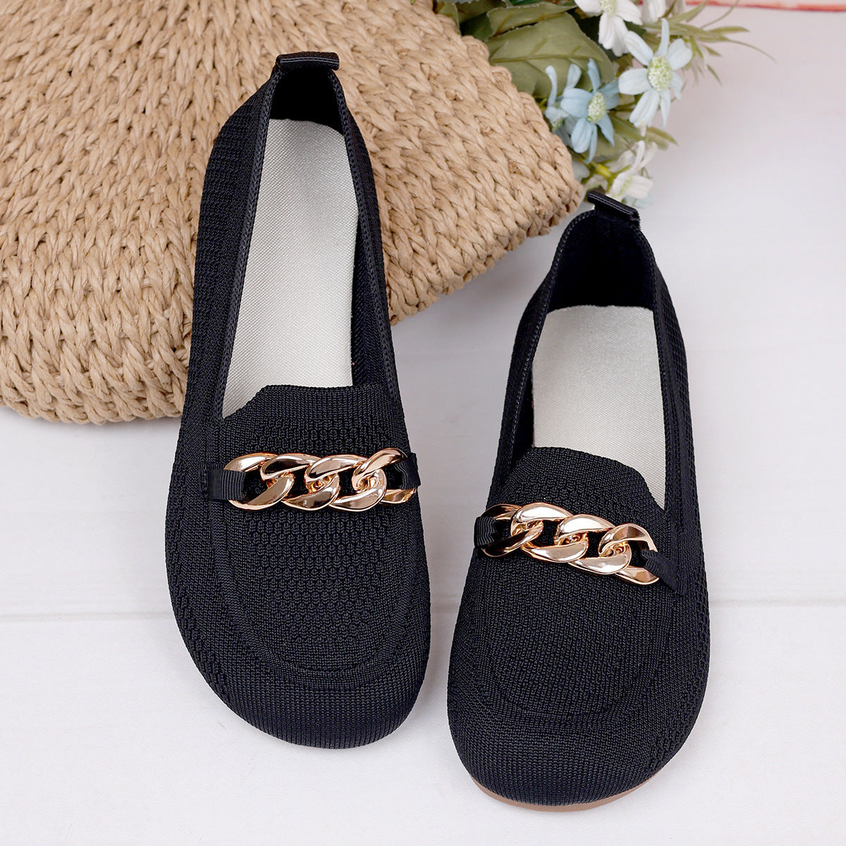 Womens Breathable Metal-chain Loafers With Soft Soles
